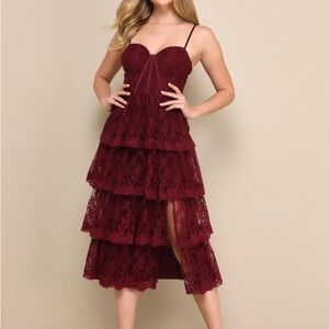 Lulu's Burgundy Lace Tiered Midi Dress